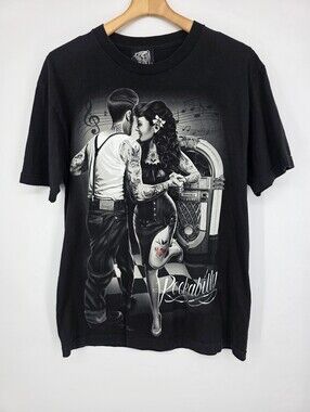 DGA Rockabilly Graphic Black Men's T-Shirt Size L.